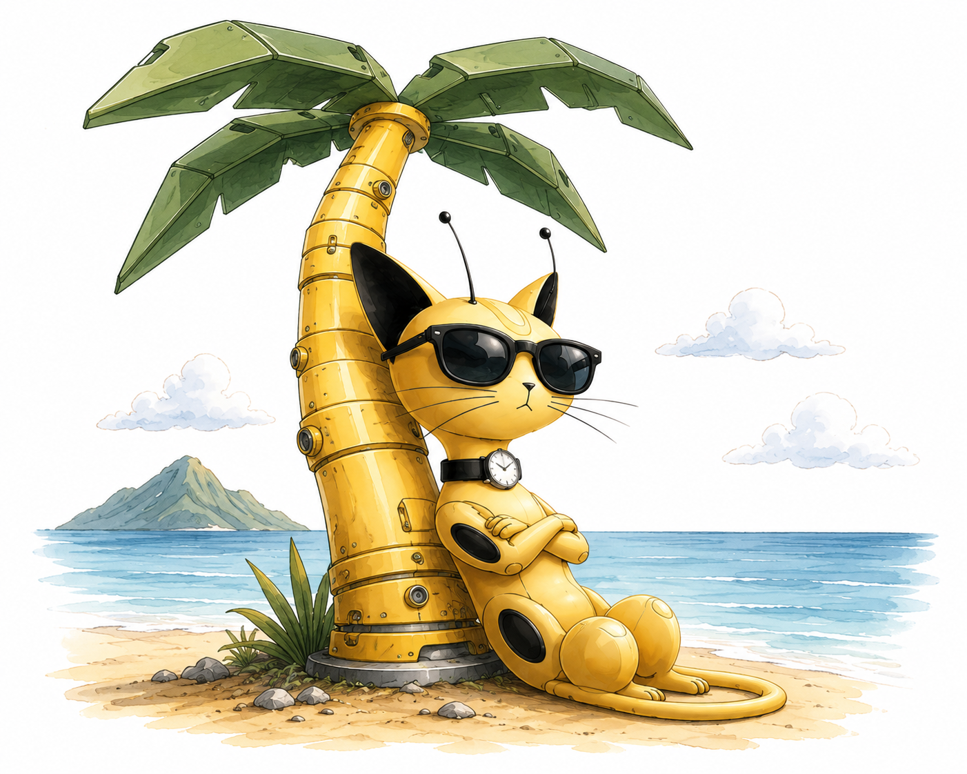 KI-Impact Roboterkatze entspannt mit Sonnenbrille am Strand unter einer Roboter-Palme